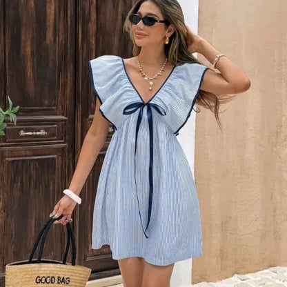 💙 Women’s Elegant Blue & White Striped V-Neck Dress