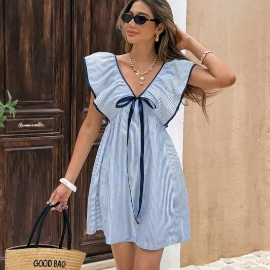 💙 Women’s Elegant Blue & White Striped V-Neck Dress
