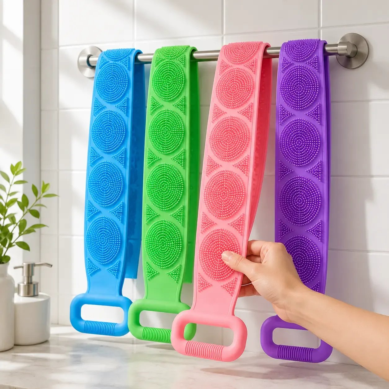🚿🛁 Silicone Shower Back Scrubber Belt – Double-Sided Exfoliating Shower Body Brush with Mesh Sponge for Deep Cleaning