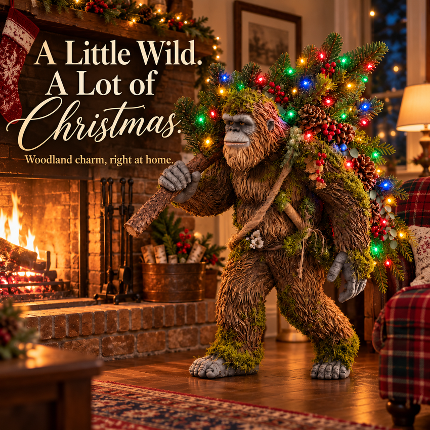 Woodland Bigfoot with colorful lights by a Christmas fireplace