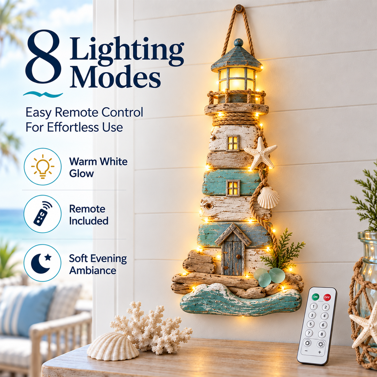 Lighted Coastal Driftwood Lighthouse Wall Decor with lighting modes