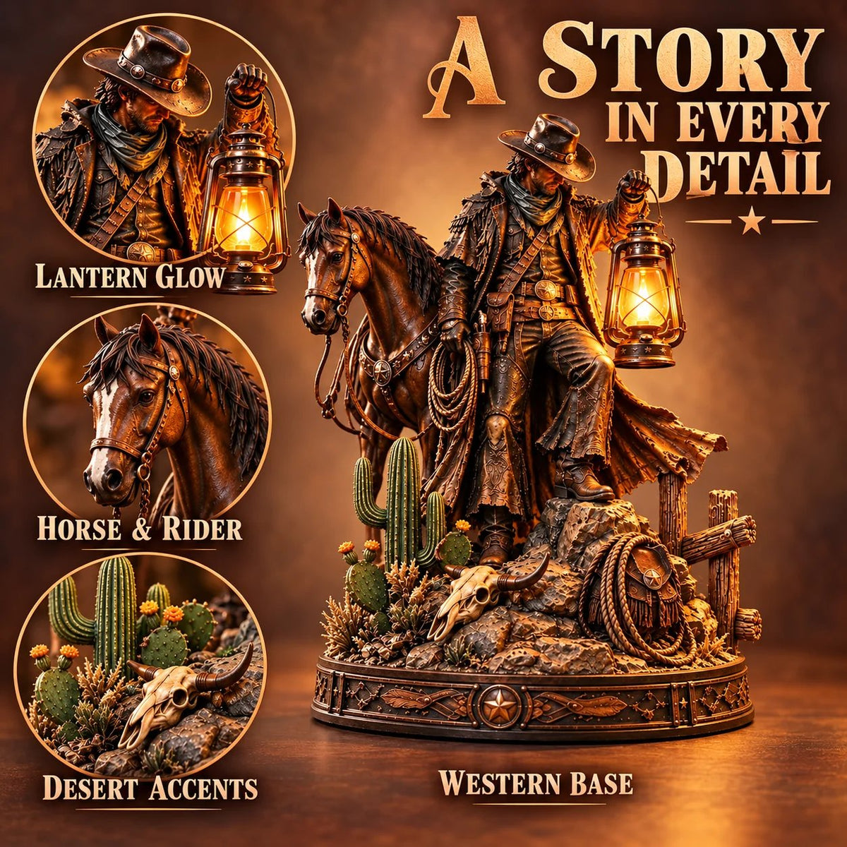 ✨Last Light of the Frontier – Western Rider & Horse Lantern Statue