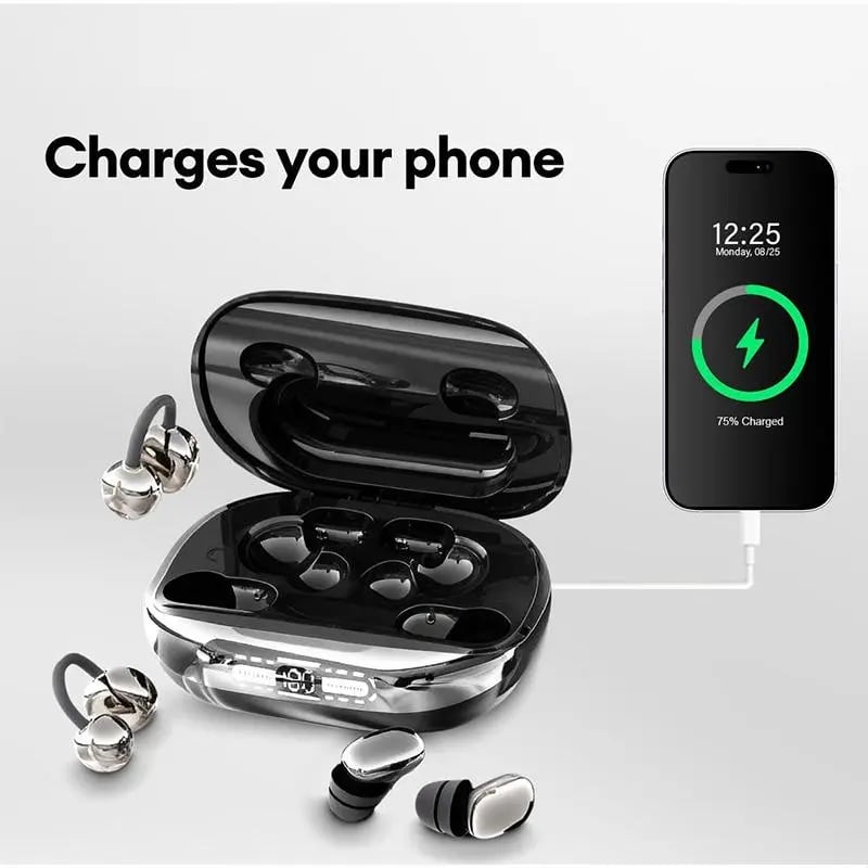 🎧 3-in-1 Wireless Earbuds with Power Bank Charging Case – Clip-On & Sleep Bluetooth Headphones with 4 Earbuds, Noise Cancellation, Water Resistant for Sports & Sleep