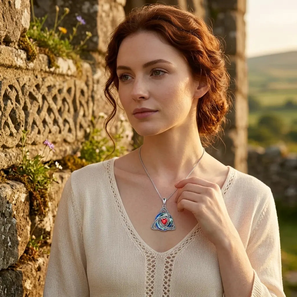 Woman wearing Celtic Birthstone Trinity Knot Necklace