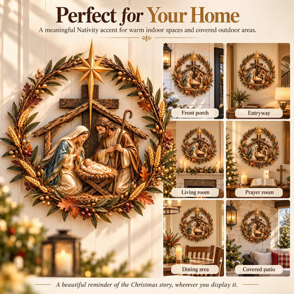 ✝️🍂 Autumn Nativity Cross Metal Wall Decor – Rustic Holy Family Harvest Wreath
