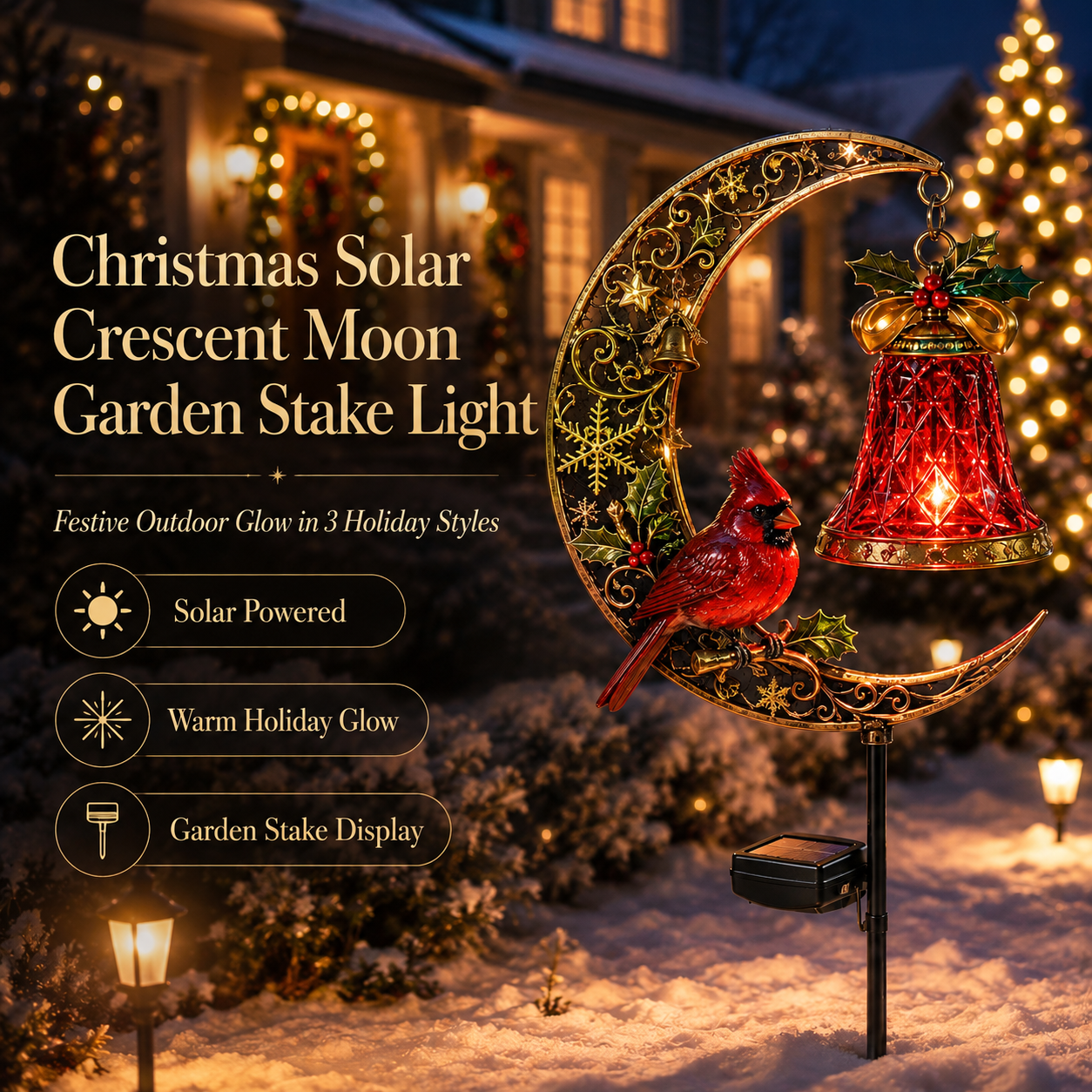 Christmas Solar Crescent Moon Garden Stake Light – Cardinal, Angel & Nutcracke