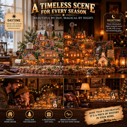Western miniature village on display in daytime and at night