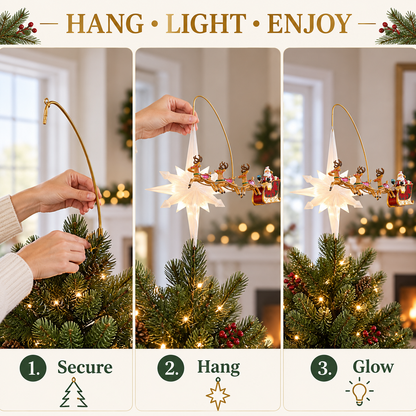 🎅✨ Santa’s Starlight Journey – Lighted Flying Sleigh Christmas Tree Topper