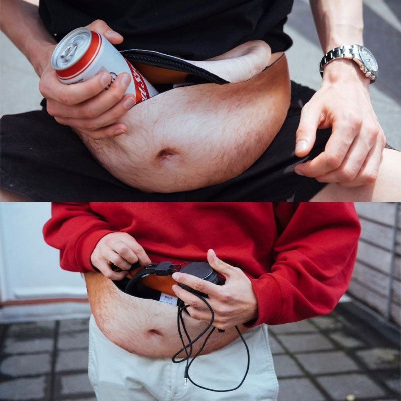 Funny belly bag being used to hold everyday items