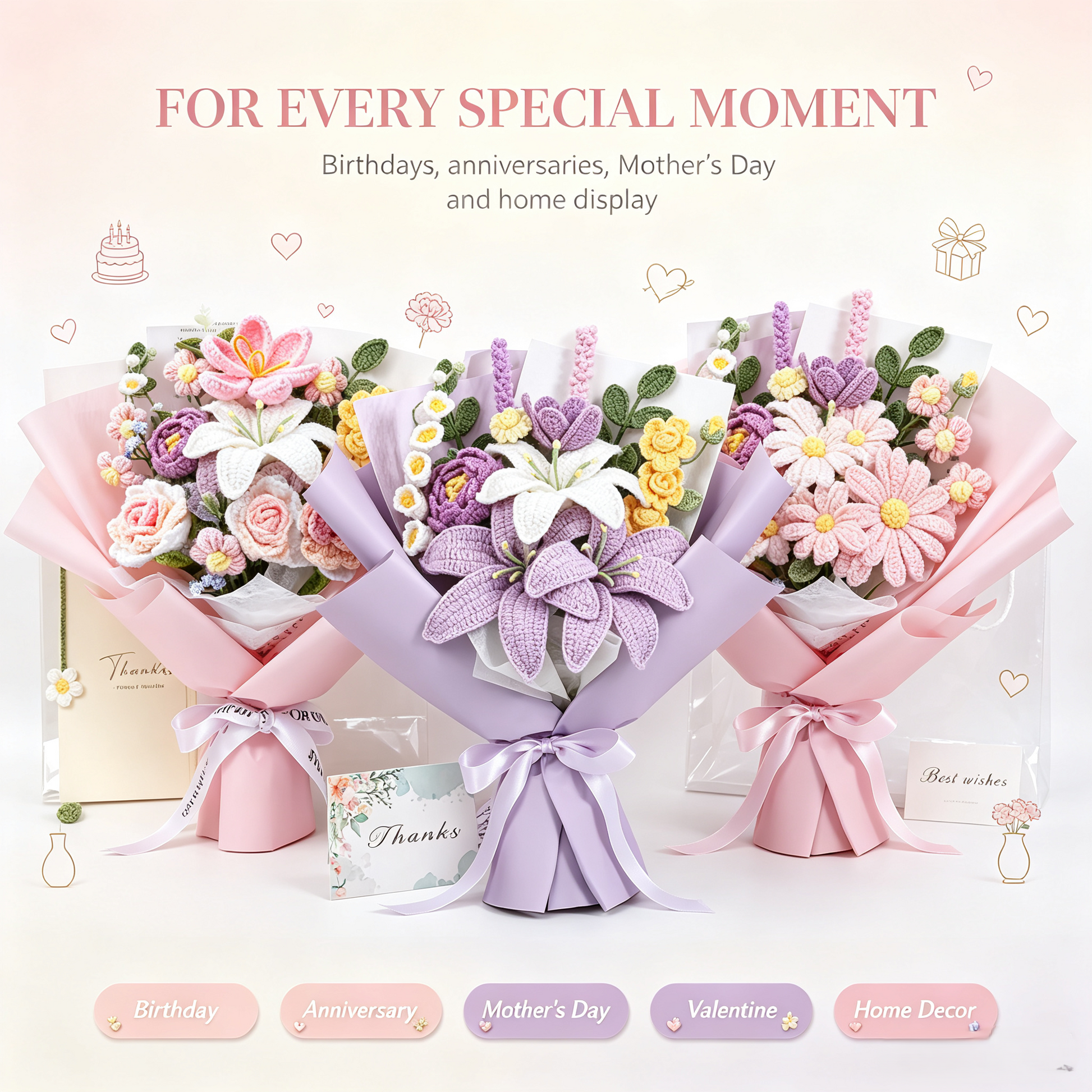 🌸✨Handmade Crochet Artificial Flower Bouquet, Long Lasting Yarn Floral Arrangement💐