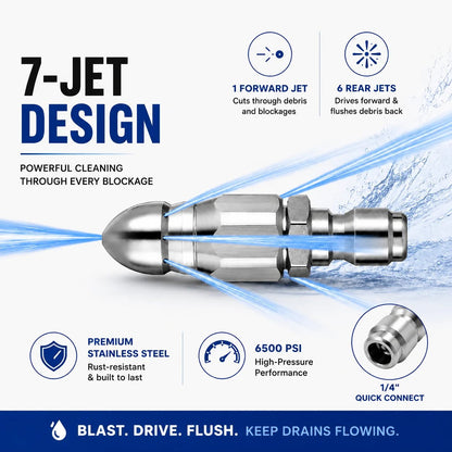 6500 PSI Stainless Steel Sewer Jetter Nozzle – 1/4" Quick Connect Drain Cleaning Attachment for Pressure Washers