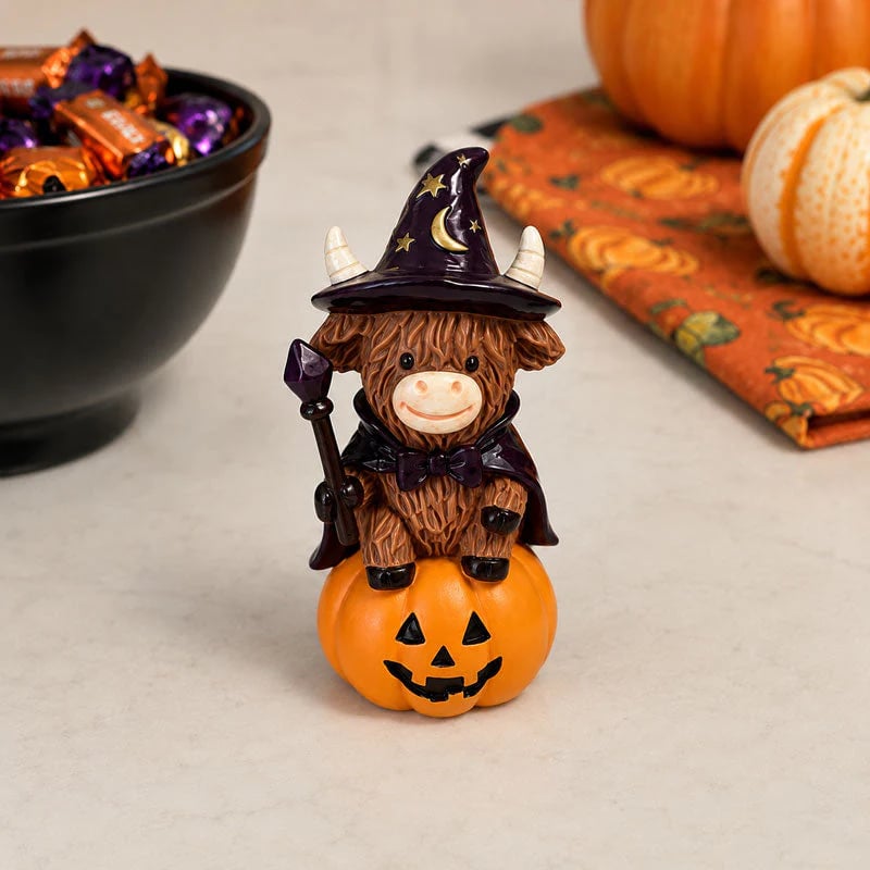 🎃Halloween Highland Cow Witch Ornament – Spooky-Cute Tabletop Decor for Mantel, Shelf & Candy Station
