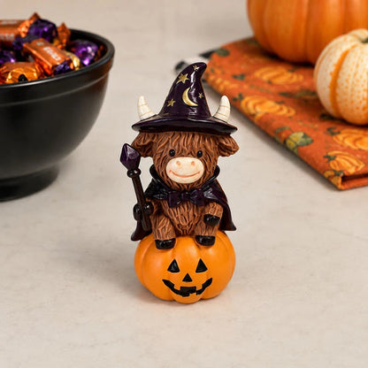 🎃Halloween Highland Cow Witch Ornament – Spooky-Cute Tabletop Decor for Mantel, Shelf & Candy Station