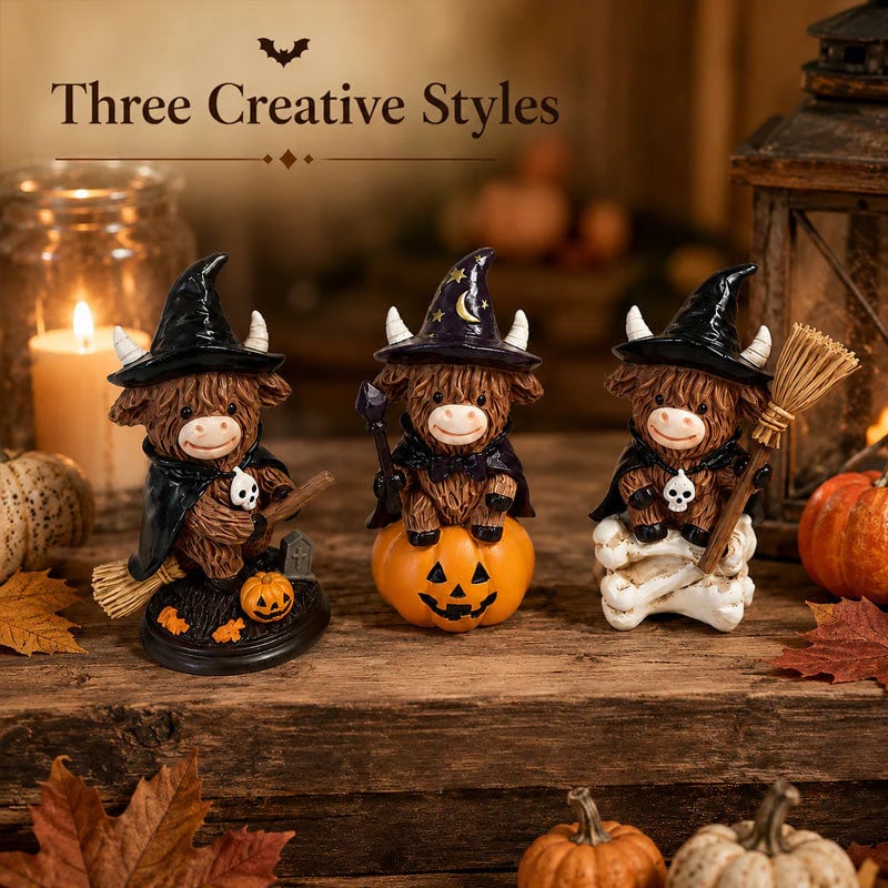 🎃Halloween Highland Cow Witch Ornament – Spooky-Cute Tabletop Decor for Mantel, Shelf & Candy Station