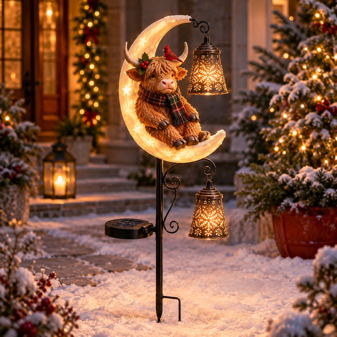 Cardinal Highland Cow Moon Solar Garden Light