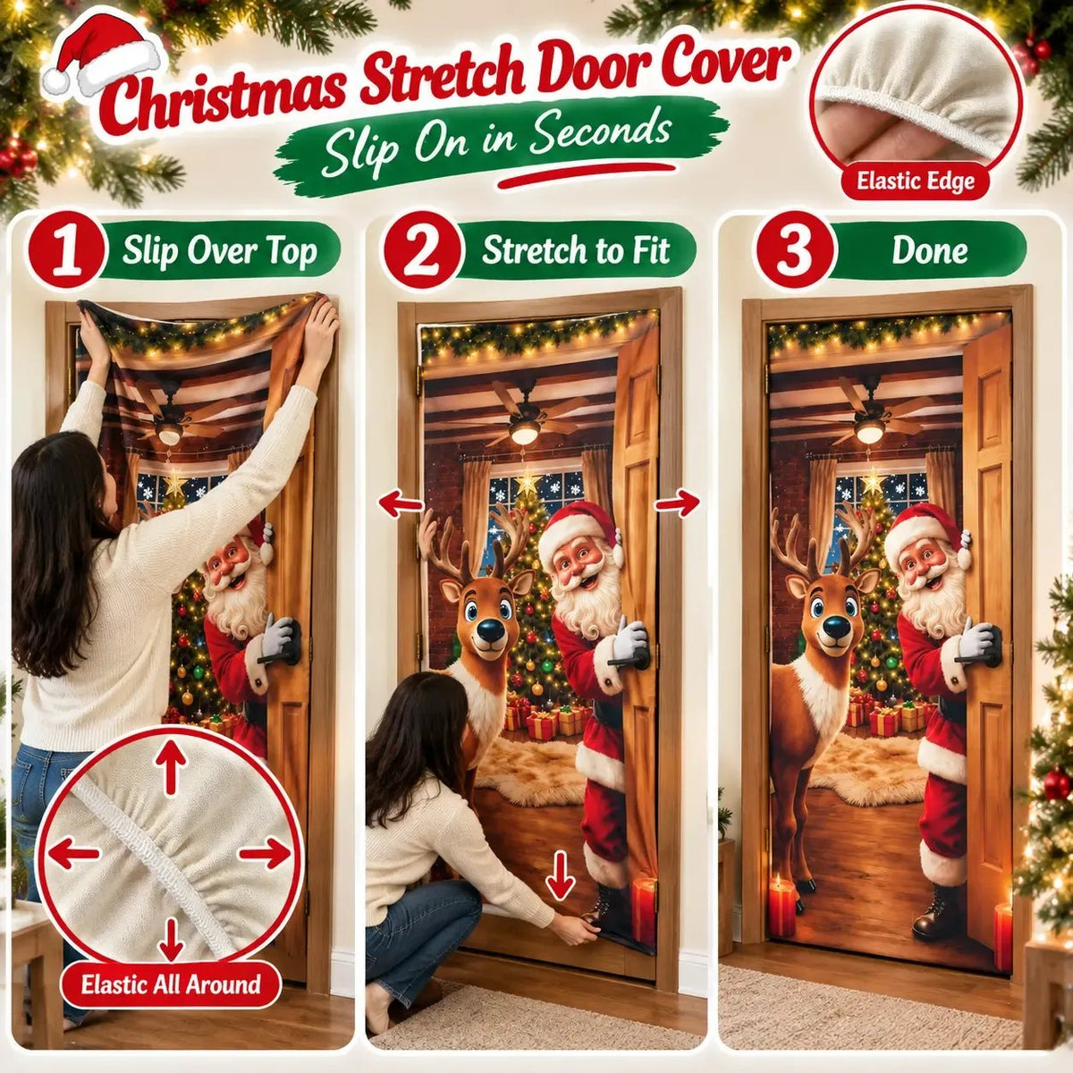Santa Christmas Door Cover with Elastic Edges | Reusable Holiday Decor