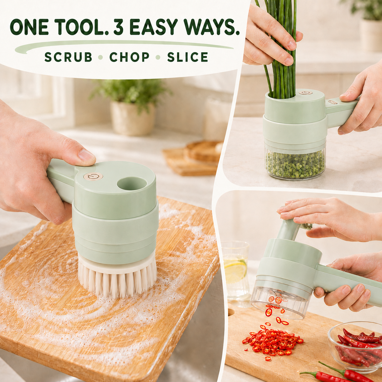 🧄 4-in-1 Handheld Electric Chopper: Slice, Mince, Peel & Auto-Clean!