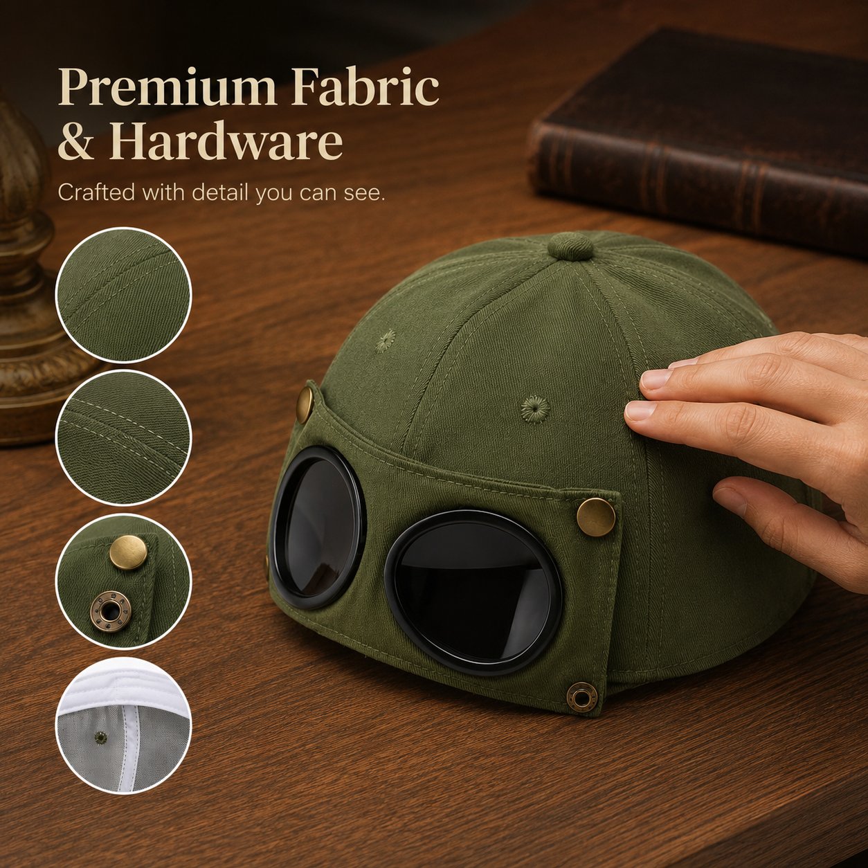 Detachable Goggle Pilot Baseball Cap Vintage Washed Cotton Hat for Street Fashion & Daily Outfit