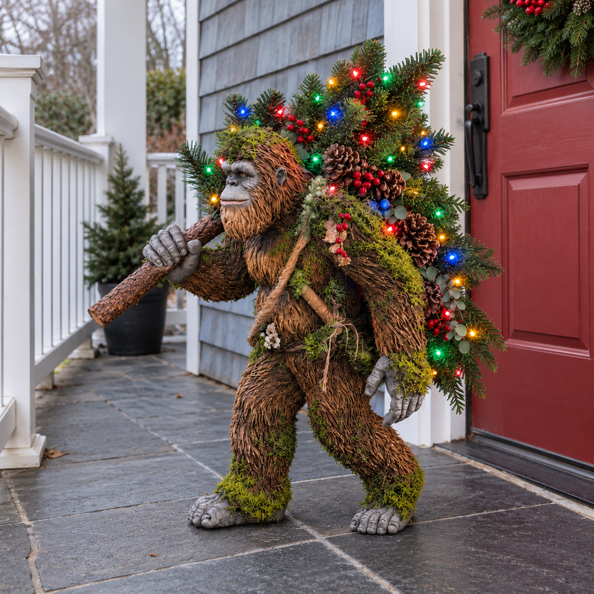 Woodland Bigfoot by the red entrance door of a shingled home