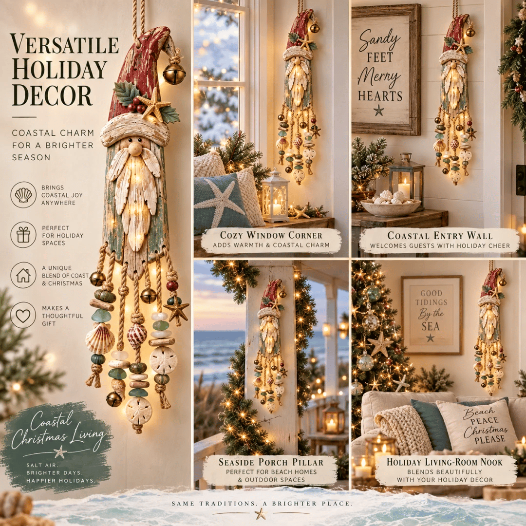 🔔Hot Sale 50% OFF🎄Vintage Coastal Santa Lighted Wall Decor – Beach House Christmas Hanging with Starfish, Shells & Warm Glow🌙