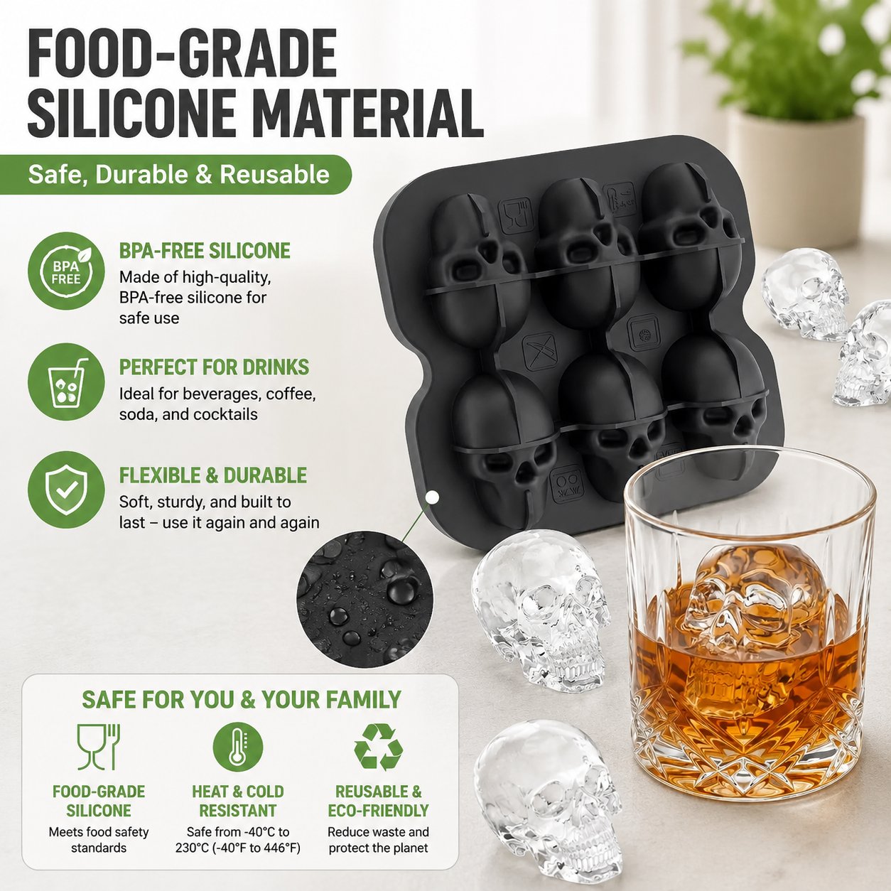 💀Skull Frozen Cubes Molds Silicone Tray, BPA Free Halloween Skull Shaped Ice Maker for Whiskey, Cocktails, Soda & Party Drinks