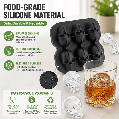 💀Skull Frozen Cubes Molds Silicone Tray, BPA Free Halloween Skull Shaped Ice Maker for Whiskey, Cocktails, Soda & Party Drinks