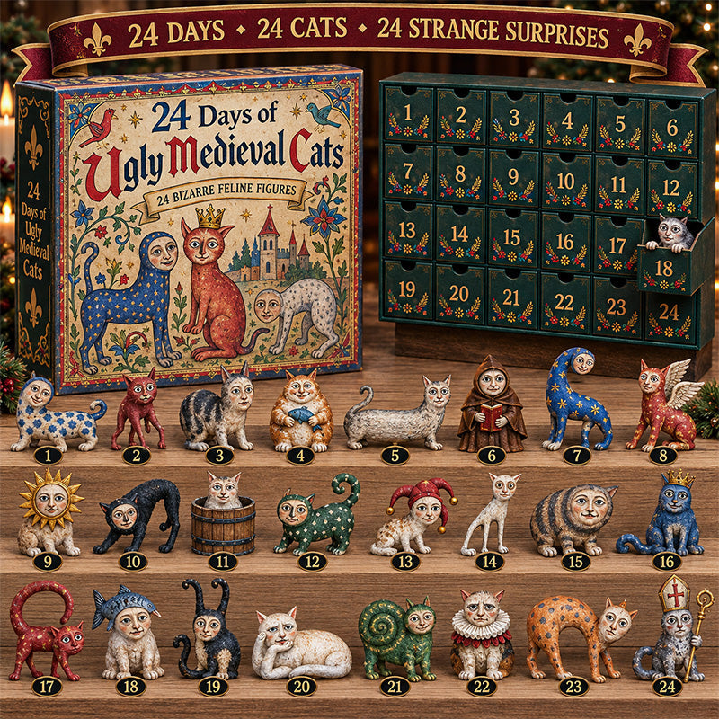 24 Days of Ugly Medieval Cats Advent Calendar with 24 collectible cat figurines