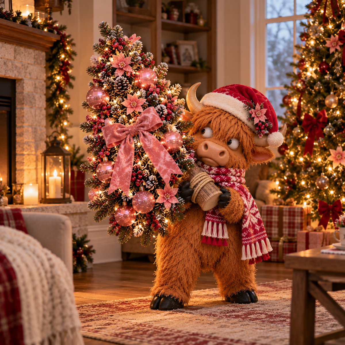 🎄🐮 Pinkmas Tree Bandit™ – Funny Lighted Highland Cow Carrying a Sparkling Pink Christmas Tree, Whimsical Holiday Porch Decor 🎀✨