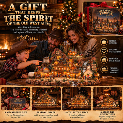 Family admiring the illuminated miniature Western village as a gift