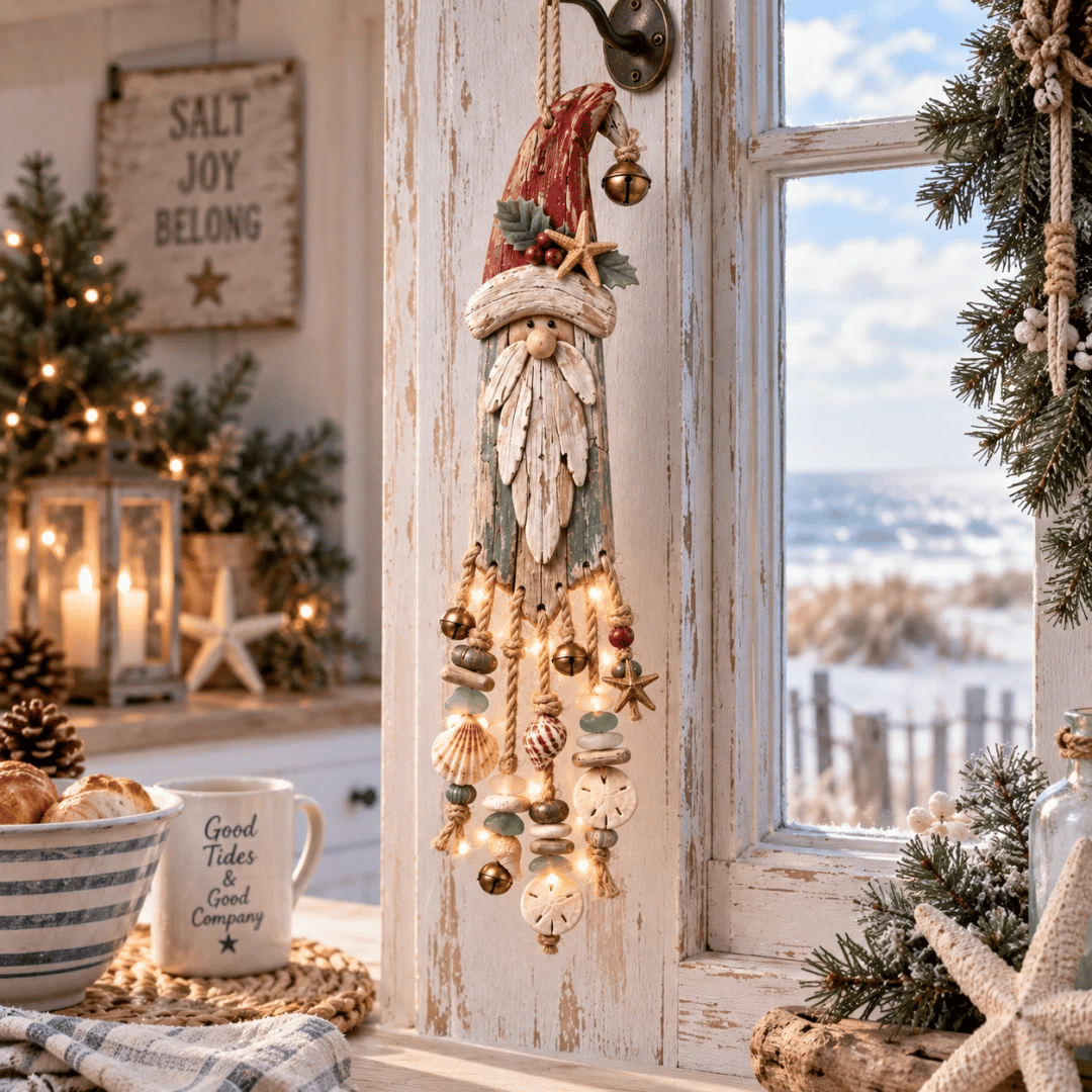 🔔Hot Sale 50% OFF🎄Vintage Coastal Santa Lighted Wall Decor – Beach House Christmas Hanging with Starfish, Shells & Warm Glow🌙
