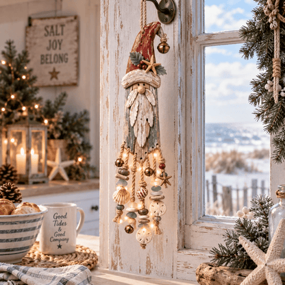 🔔Hot Sale 50% OFF🎄Vintage Coastal Santa Lighted Wall Decor – Beach House Christmas Hanging with Starfish, Shells & Warm Glow🌙