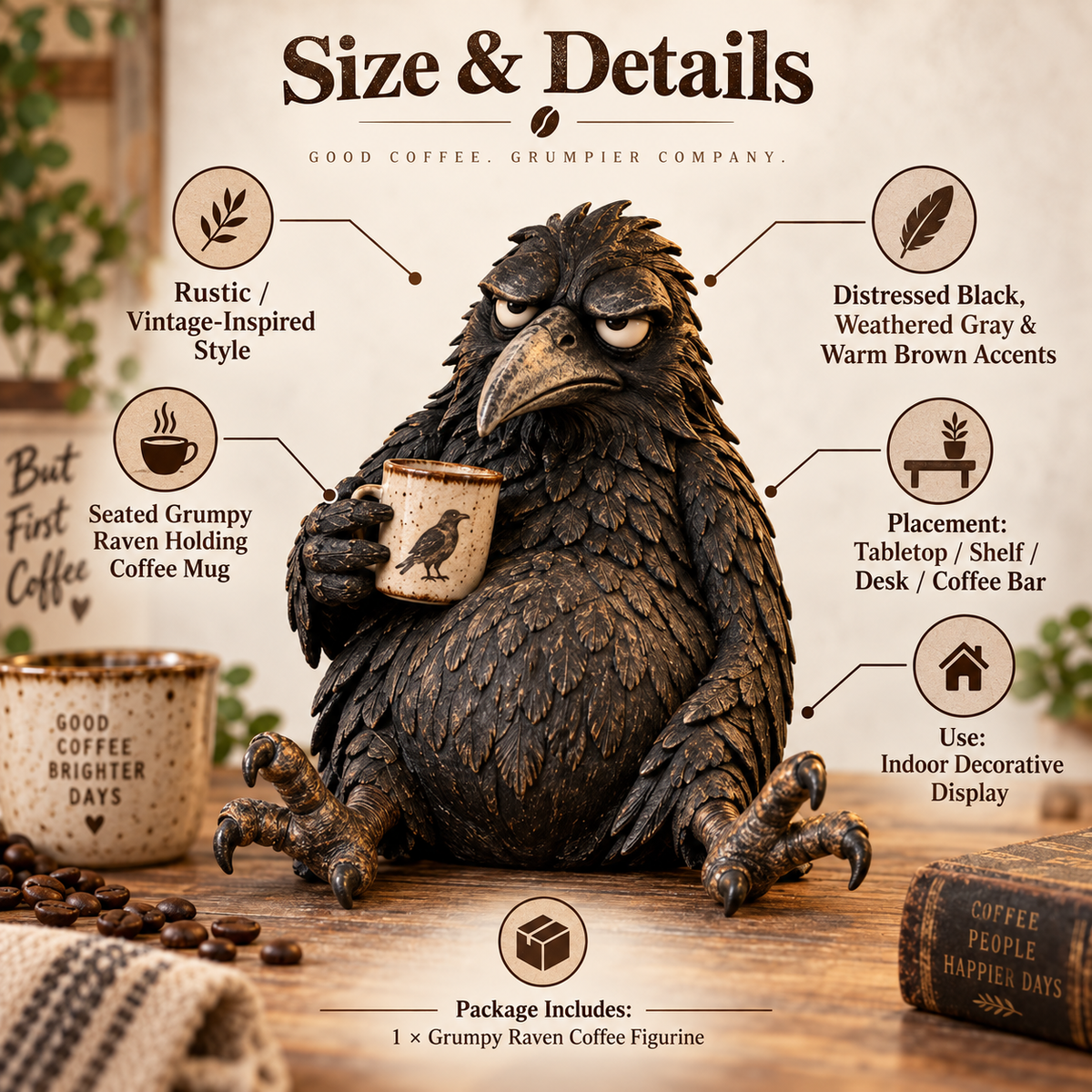 The Grumpy Coffee Raven – Rustic Vintage Coffee Lover Figurine