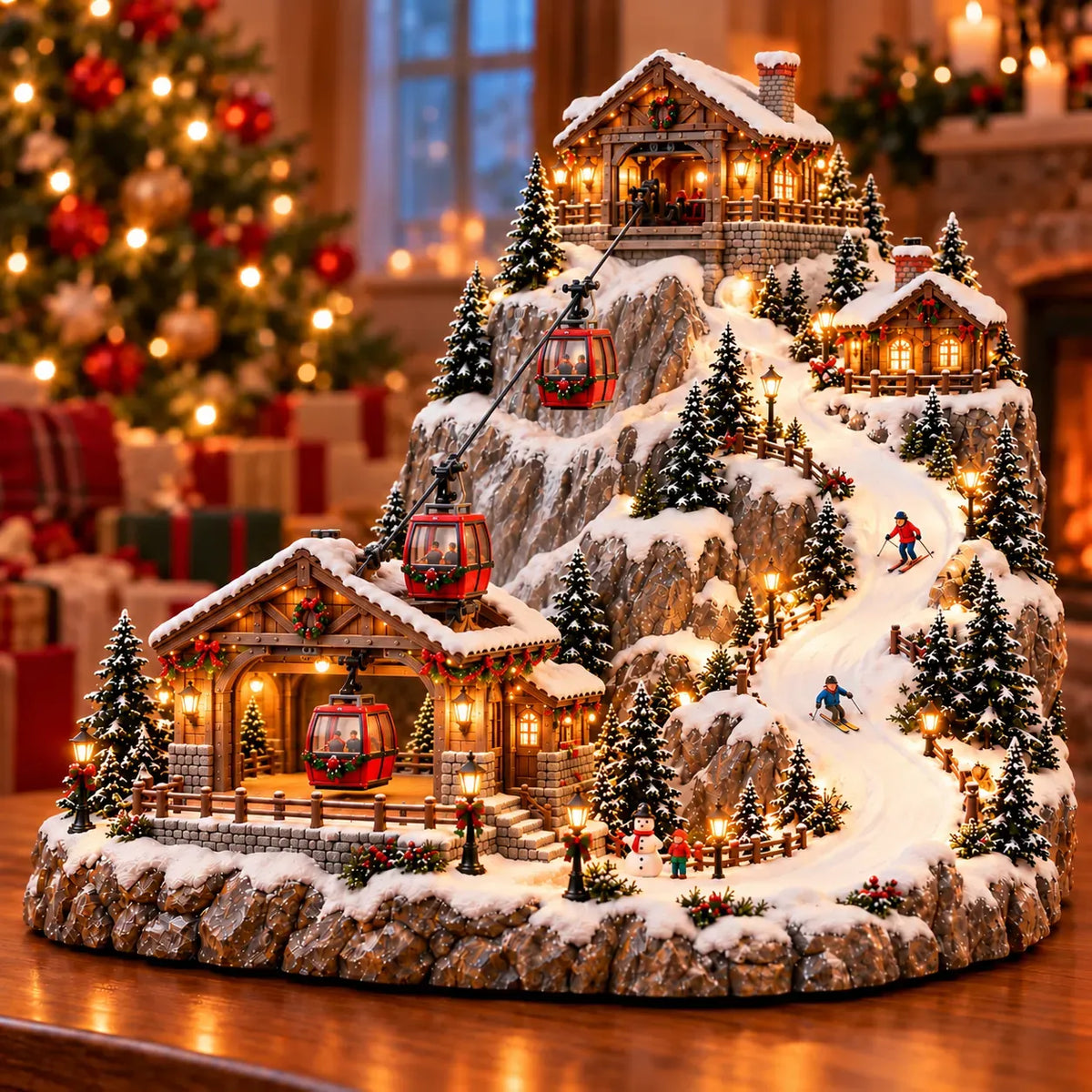 Animated Christmas Mountain Cable Car & Ski Village Scene ✨