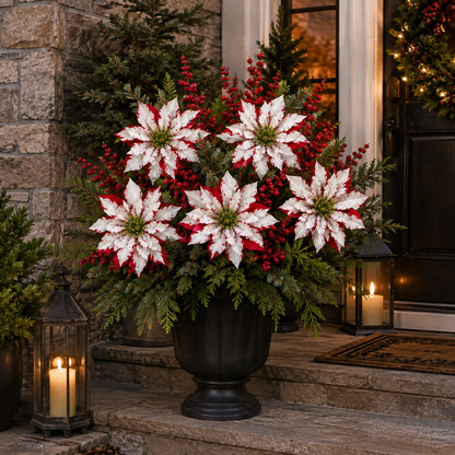 ❤️ Christmas Poinsettia Planter Inserts – Set of 6 Red & White Holiday Floral Picks