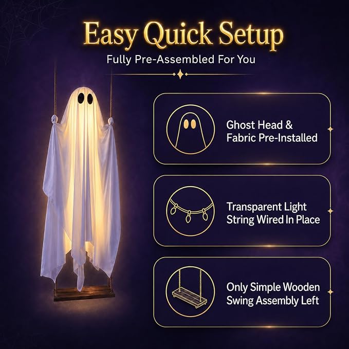👻 Hanging Ghost Swing - Outdoor Halloween Decoration String of Remote-Controlled Lights