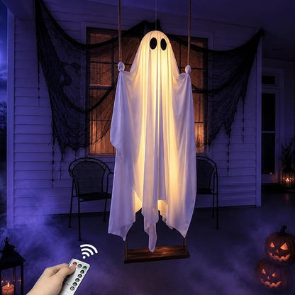 👻 Hanging Ghost Swing - Outdoor Halloween Decoration String of Remote-Controlled Lights