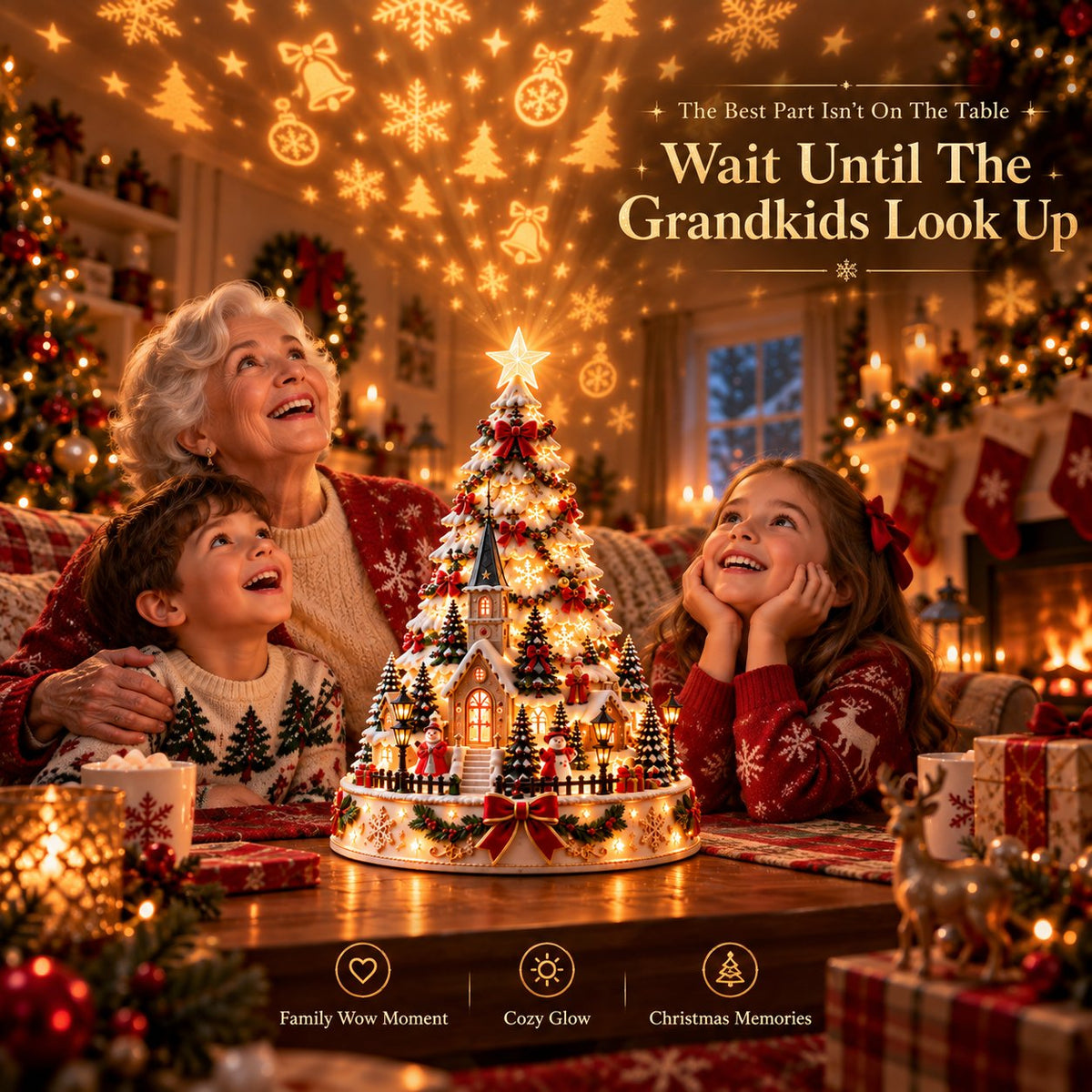 Grandmother and children enjoying Christmas Village Lightscape Tree