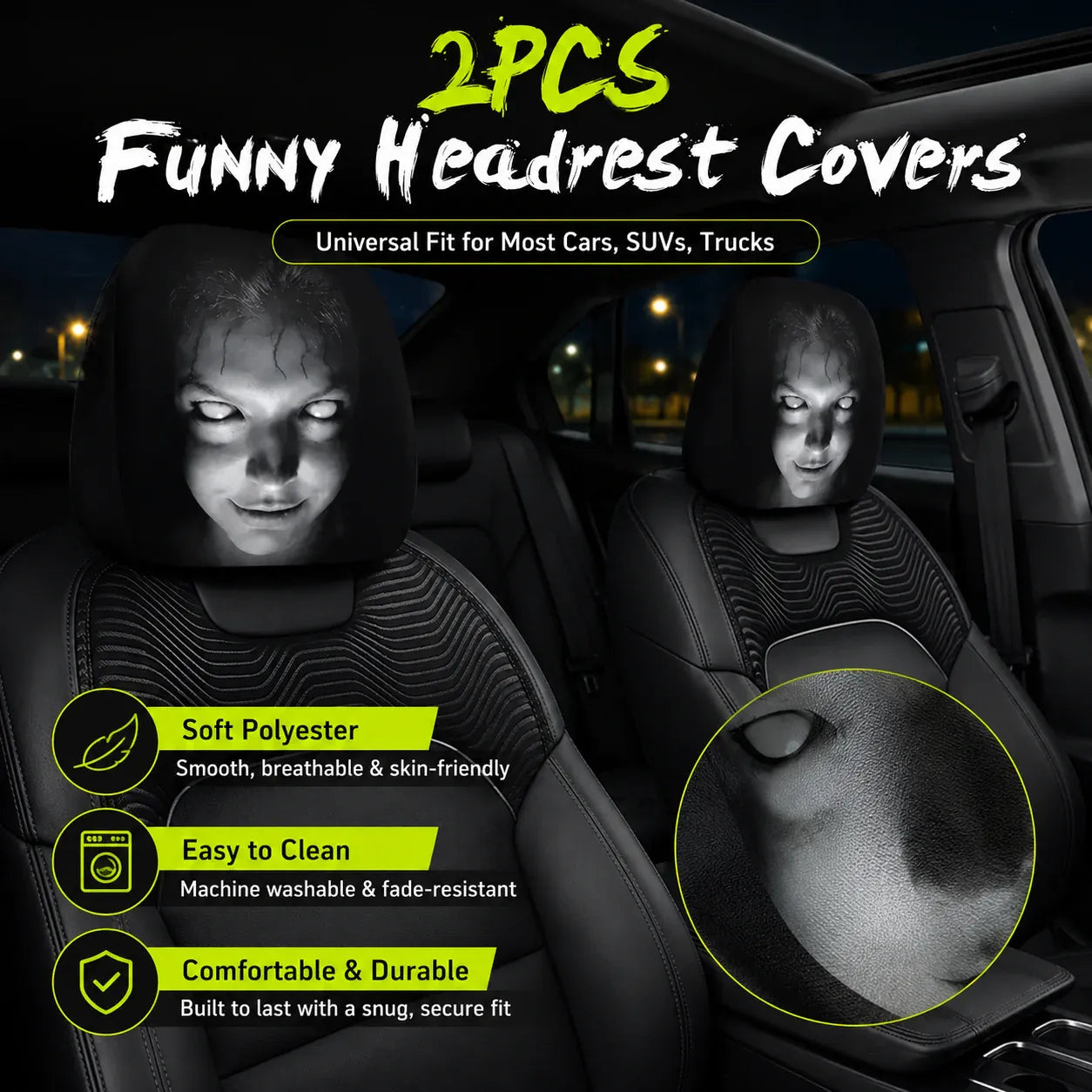 😆 Funny Cartoon Car Headrest Covers – 2PCS Universal Fit 🚗