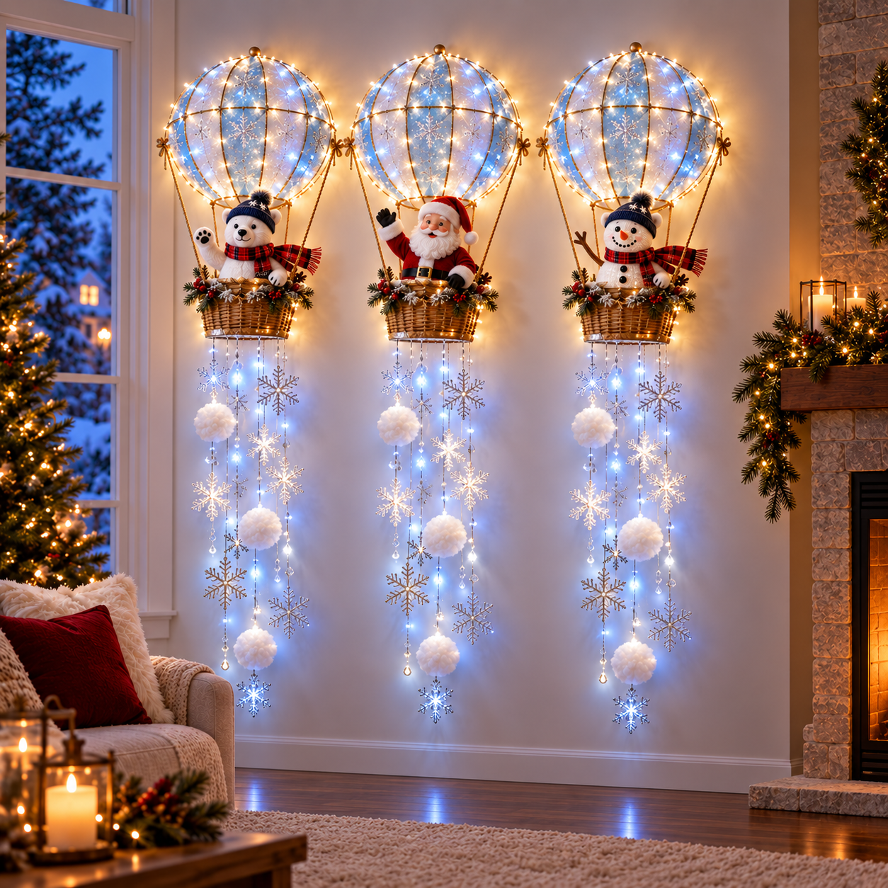 Polar Bear Hot Air Balloon Snowflake Light