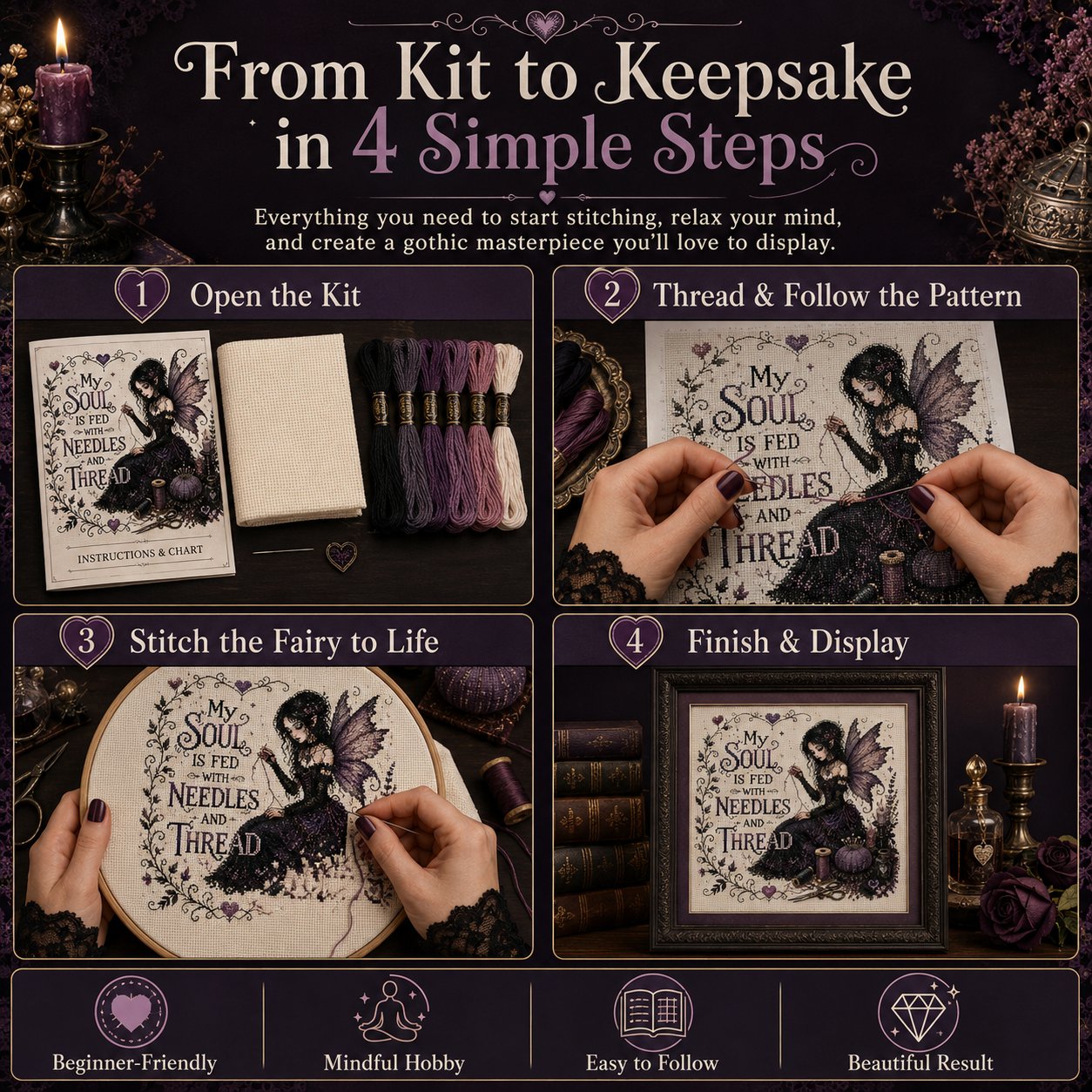 🔥Last Day 50% OFF - 💜 Soul Fed Gothic Fairy Cross Stitch Kit | Mindful Dark Academia Craft Kit for Stress Relief, Slow Living & Handmade Wall Art Decor ✨
