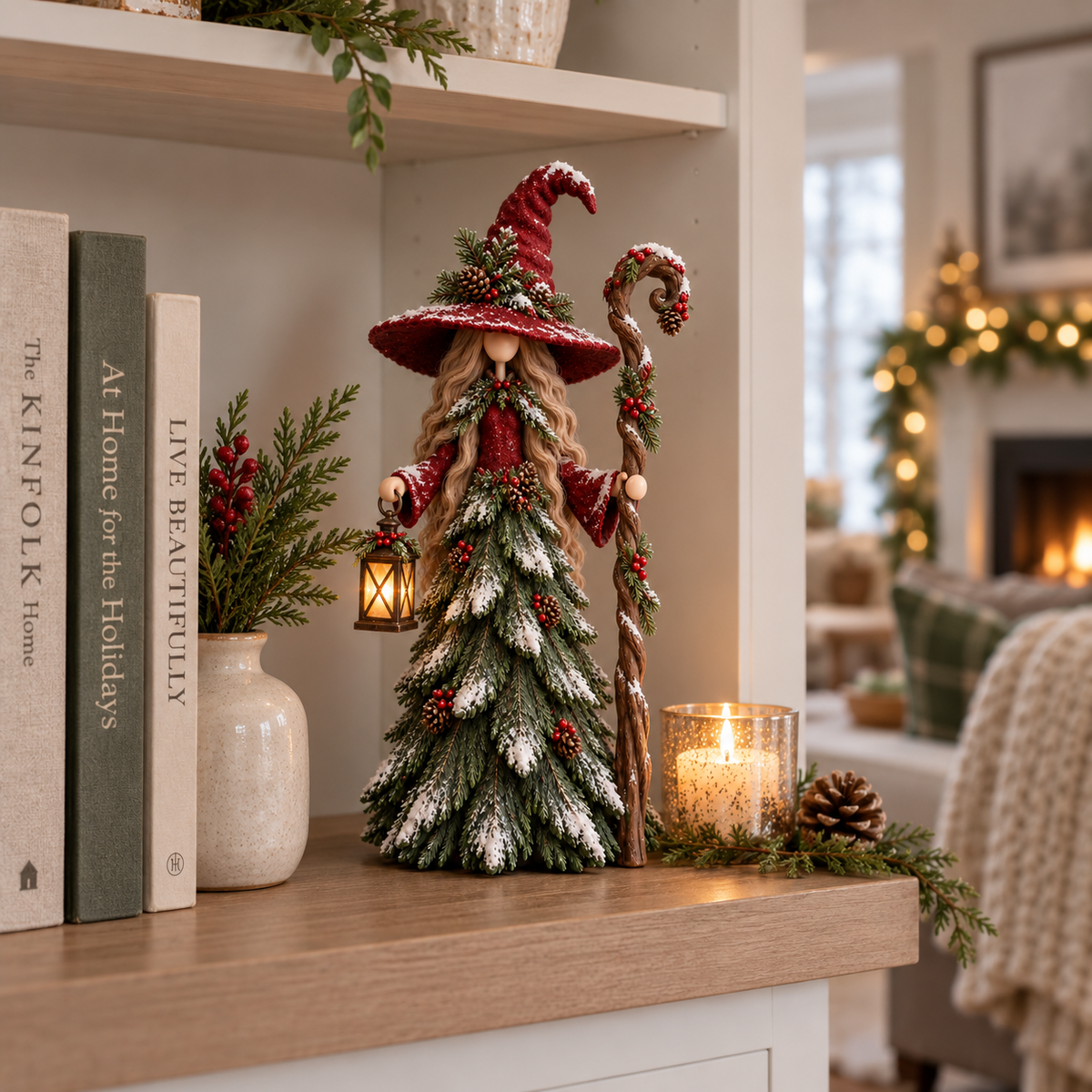 Lantern Keeper styled on a Christmas shelf