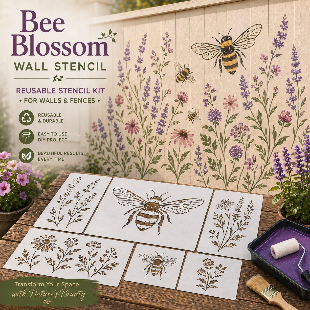 🦋🌸Last Day 50% OFF - 🌿Garden Bloom Wall Stencil Kit | DIY Garden Painting Templates for Every Space