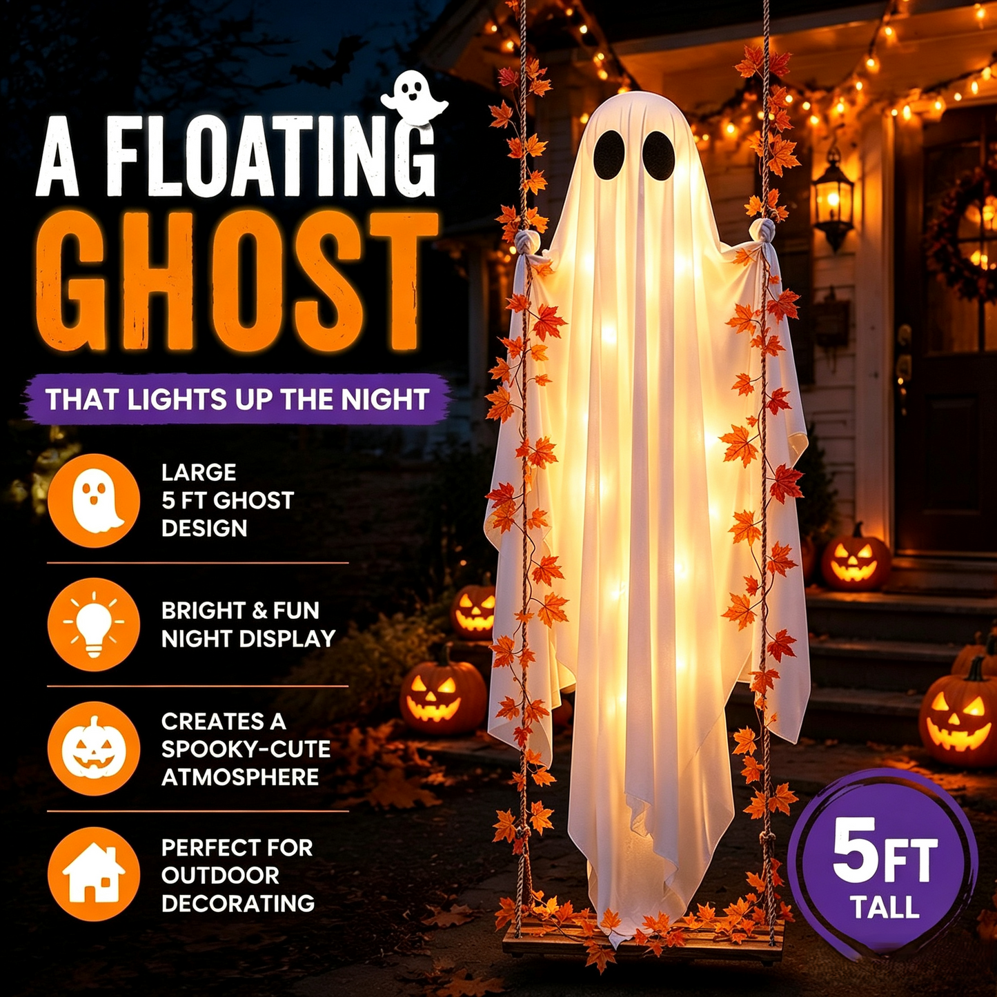 🔥Limited-time 50% Off👻✨LED Hanging Ghost Swing Decoration, 5FT Remote Controlled Halloween Outdoor Hanging Decor🎃