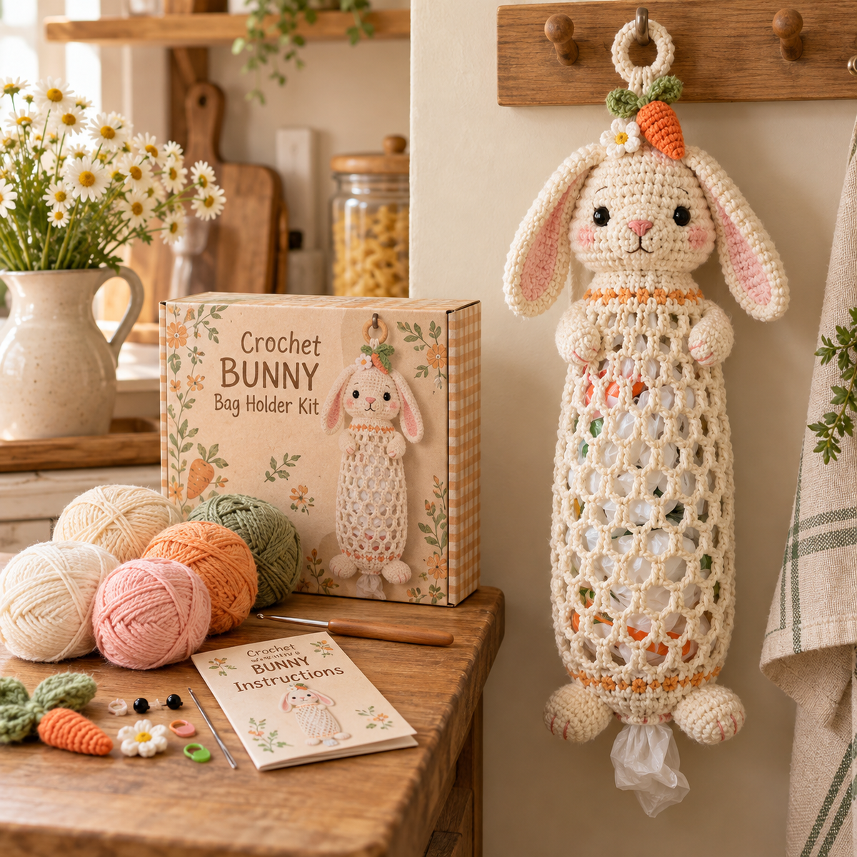 🔥LAST DAY 49% OFF – 🌼 Cottage Harvest Keepers™ — Crochet Animal Bag Holder DIY Kit | 13 Adorable Designs