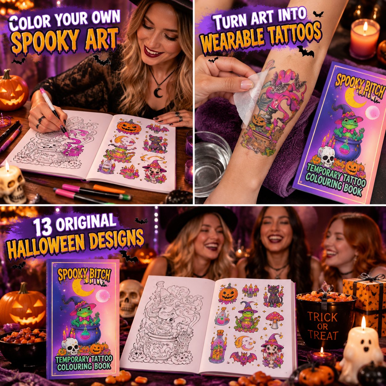 13 witchy spooky Halloween tattoo coloring designs