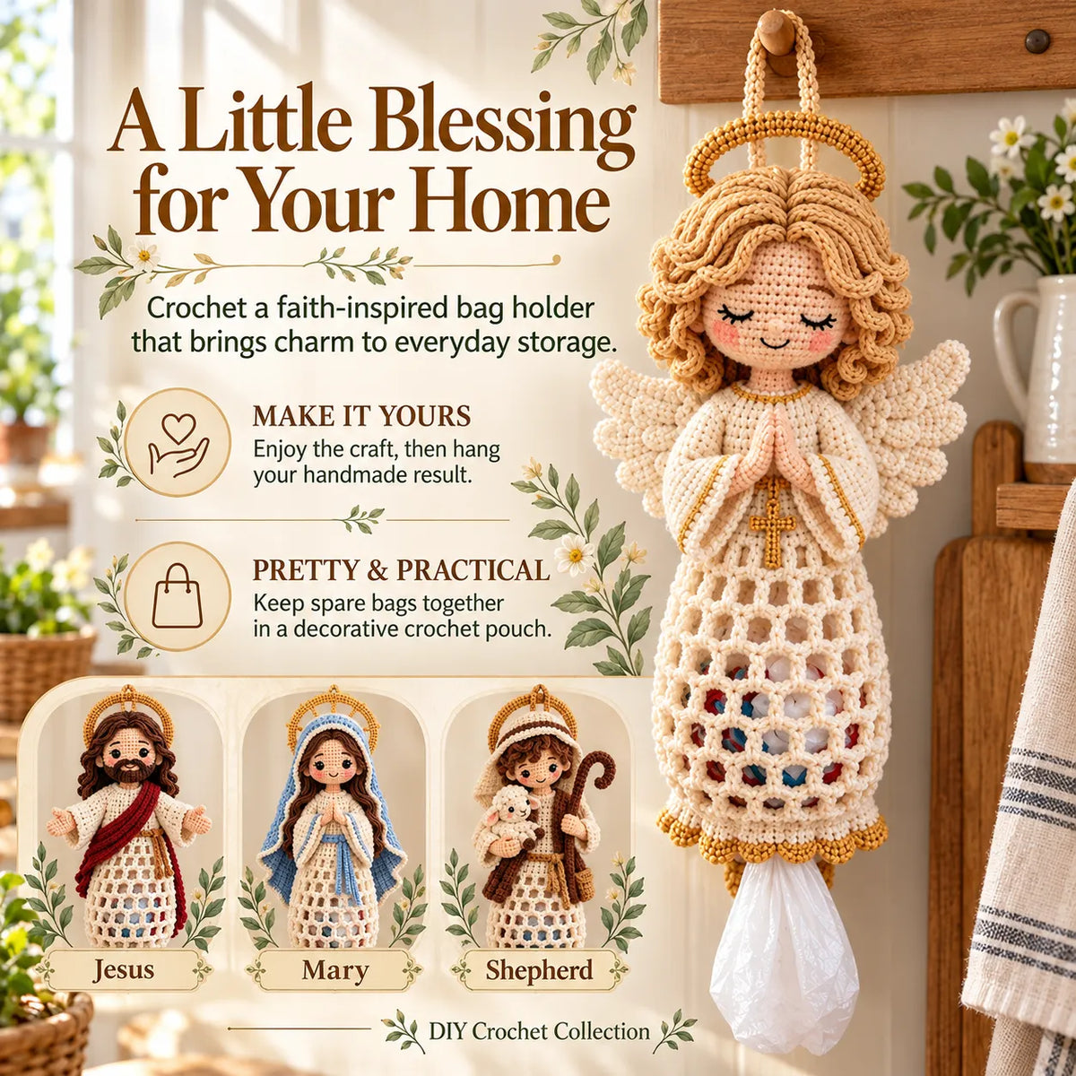 🧶 Beginner-Friendly Blessed Home Crochet Bag Holder DIY Kit | 4 Faith-Inspired Designs with Yarn, Tools & Guide Included ✝️