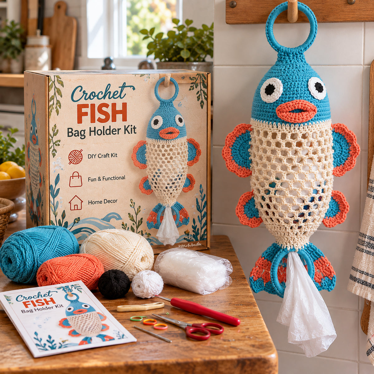 Fish Crochet Bag Holder showing grocery bag storage