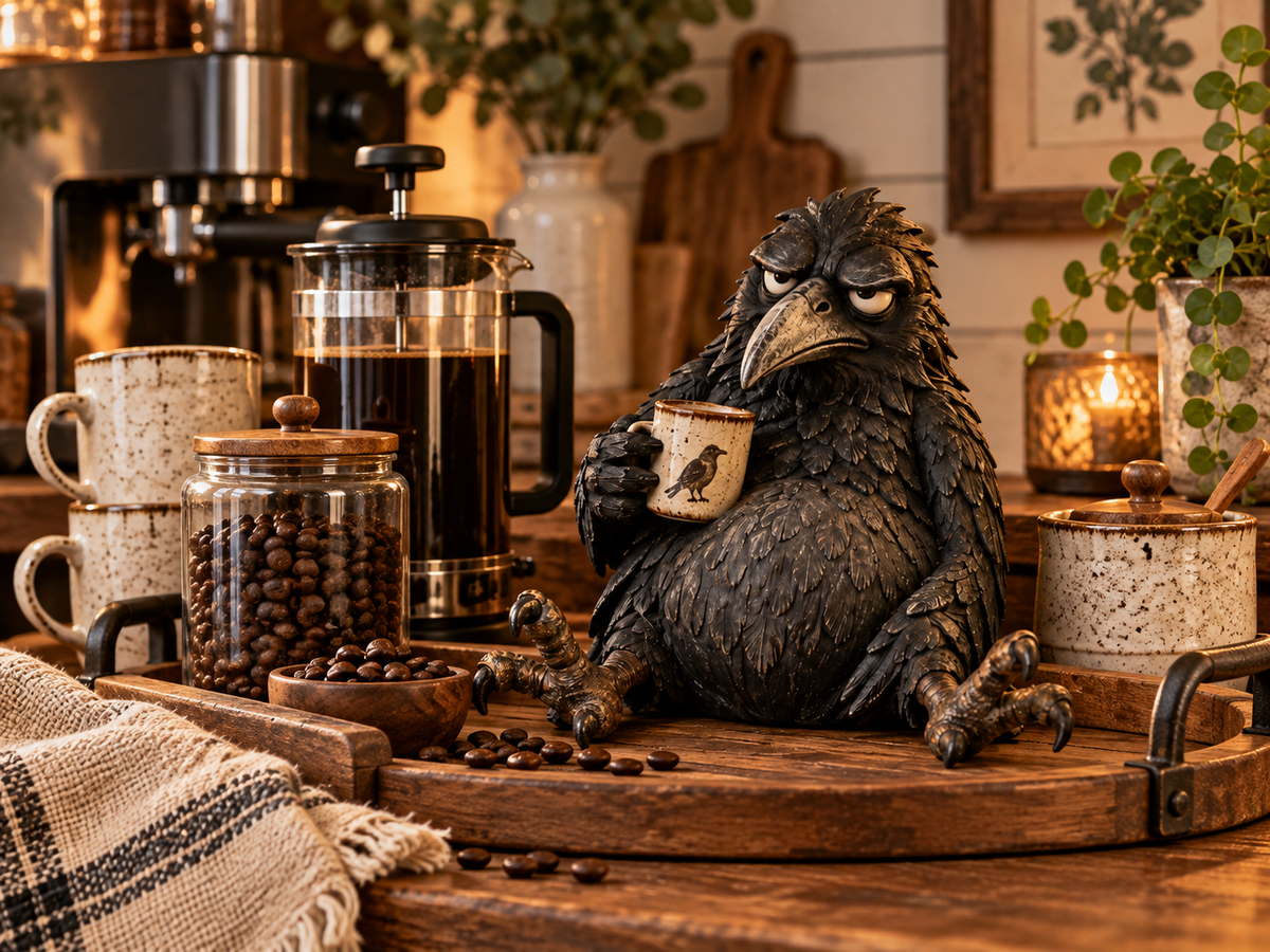 Raven figurine displayed in coffee bar