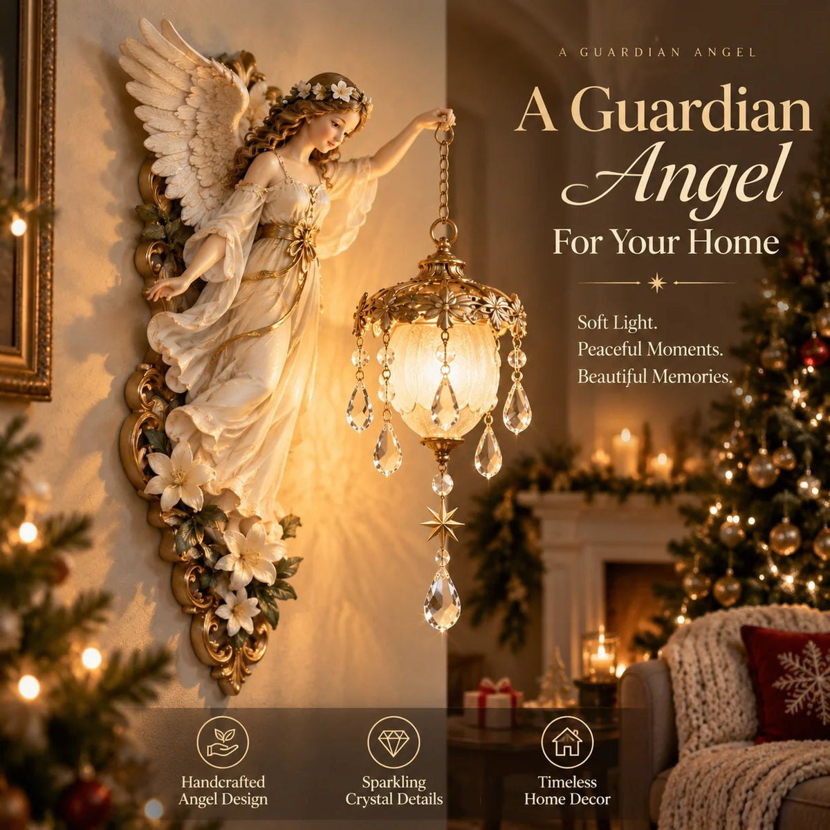 Guardian Angel Crystal Light glowing in a warm Christmas home