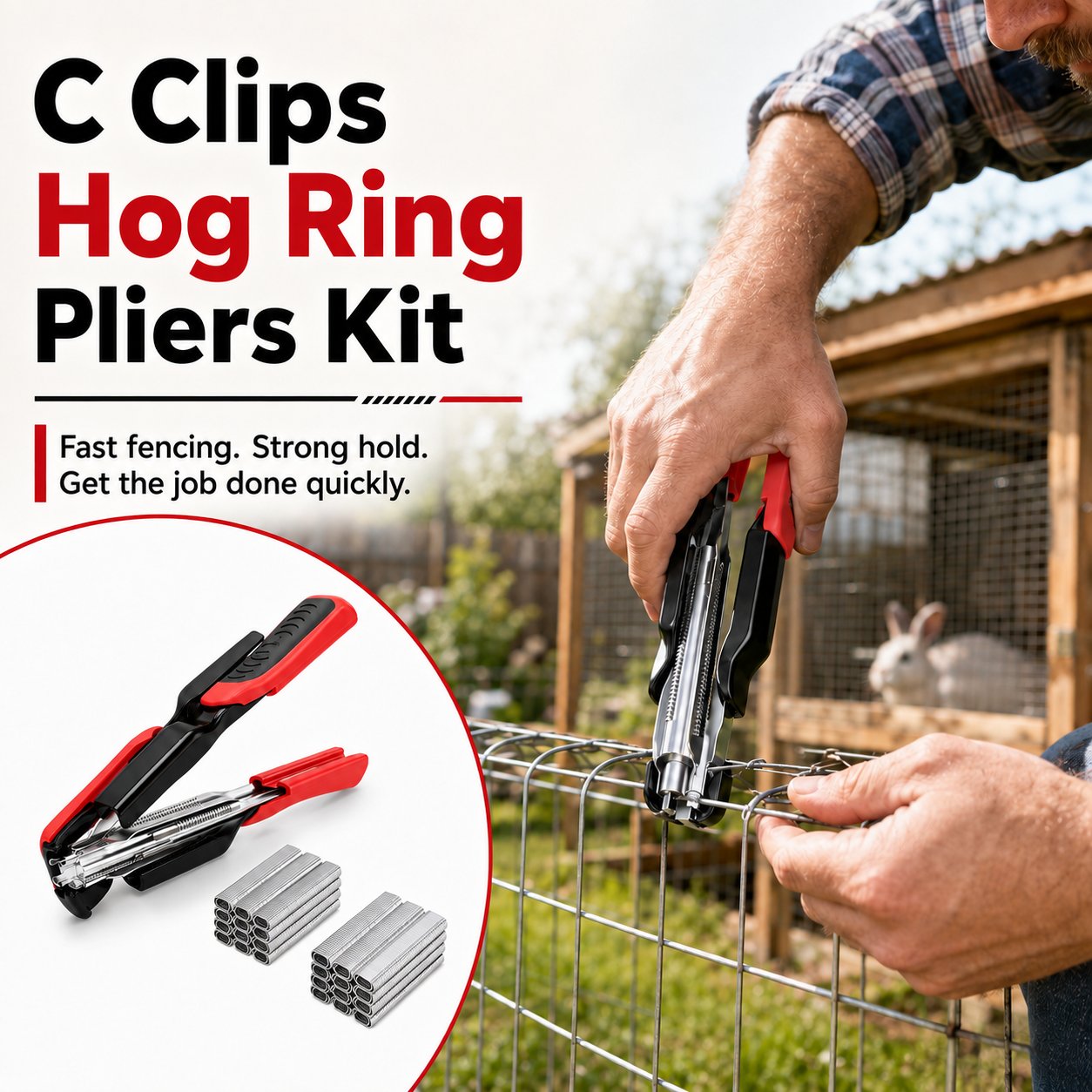 🔩 3/4" C Clip Hog Ring Pliers Kit, Heavy‑Duty Cage Clamp for Fencing, Upholstery & Sausage Casings